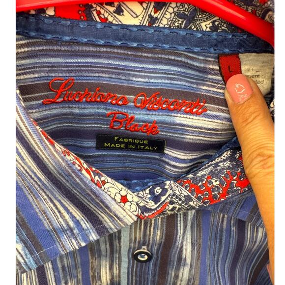 Luchiano Visconti Black Blue Stripe Red Floral Button Down Dress Shirt Men L - Picture 5 of 7